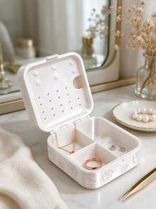 French Style Embossed Floral Portable Jewelry Box, Compartment Storage Design, Specially Reserved Earring Slots. 3D Printed Delicate Texture, Flip Cover Dust-Proof, Compact Size, Suitable For Home And Travel To Properly Store Various Small Accessories. - Multicolor - View 3