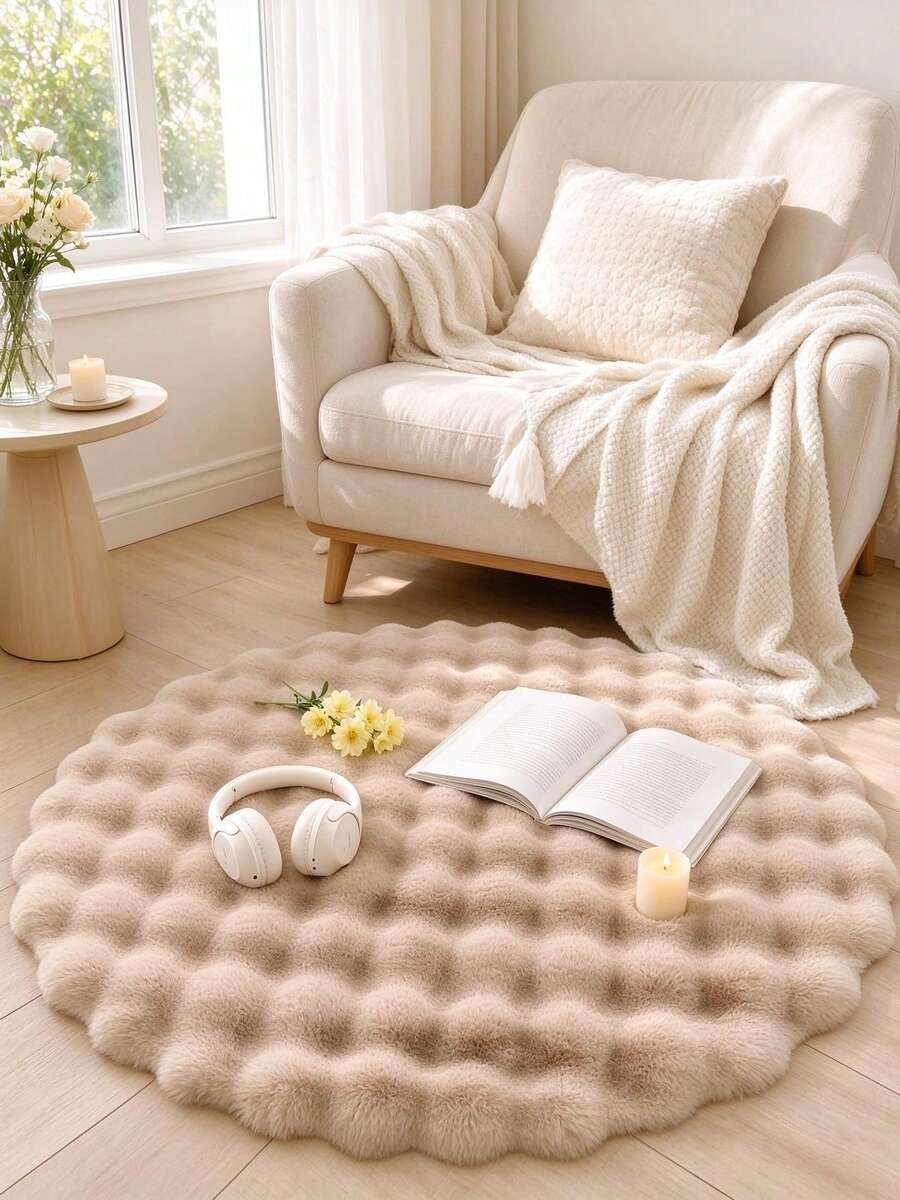 1pc Light Camel Round Fluffy Long Pile Rug, Bedroom Carpet, Living Room Carpet, Door Mat, Small Rug, Carpet, Floor Mat, Home Decor, Area Rug, Outdoor Mat, Home Decor, Area Carpet, Bedroom Carpet, Washable Carpet - Camel - View 1