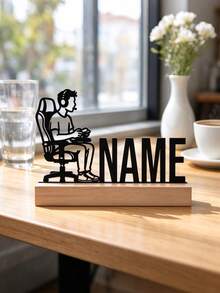 1pc Customized Gamer Name Metal Sign With Wooden Base, Personalized Desk Decor, Unique Gaming Room Decoration, Suitable As Men's Gift, Gaming Room Desktop Decor, Customized Gamer Gift Plaque - Black - View 2