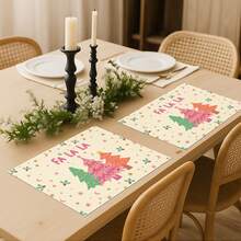 4Pcs Christmas Table Placemat FA LA LA Letter Colorful Christmas Tree Print Table Mat Holiday Decorative Table Linen For Home Kitchen Dining Party - Pink - View 4