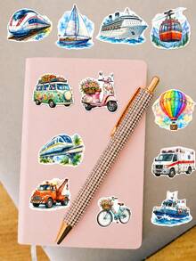 50Pcs Watercolor Wheel Collection Stickers, Fresh Watercolor Transportation Style, Including Retro Cars, Trucks, Buses, Subways, Airplanes, Ships, Hot Air Balloons, For Journal Collage, Skateboard, Tablet, Notebook, Storage Box, DIY Craft Decoration - Multicolor - View 6
