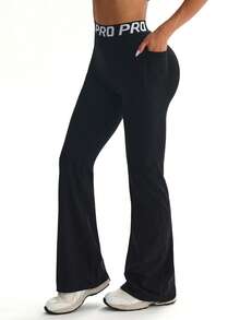 Women's Lightweight Letter Webbing Waistband Casual Quick-Dry Sports Pants - Black - View 5