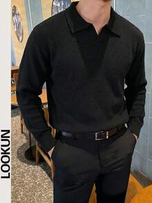 Lookun Men's Knit Polo Sweater With Turn-Down Collar And V-Neck Opening, Loose Fit And Dropped Shoulders, Autumn/Winter - Black - View 1