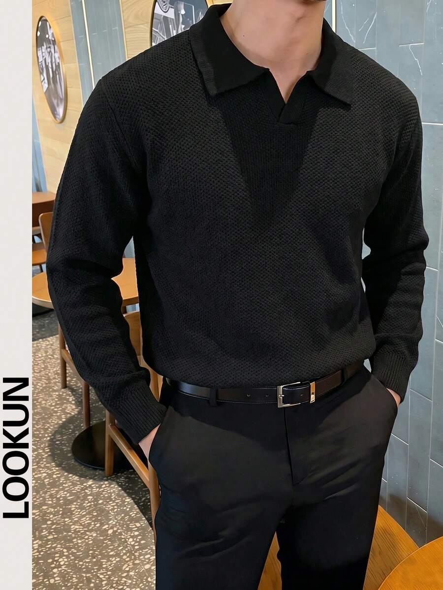 Lookun Men's Knit Polo Sweater With Turn-Down Collar And V-Neck Opening, Loose Fit And Dropped Shoulders, Autumn/Winter - Black - View 1