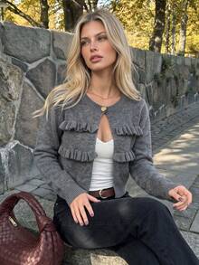 Women Fall Ruffle Pocket Knit Cardigan Round Neck Single Button Long Sleeve Cropped Loose Fit Soft Knitted Casual Autumn Tops For Daily Wear - Grey - View 8
