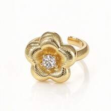 1pc Copper Textured Flower Open Ring, Brushed Floral Adjustable Finger Ring, Elegant Statement Band, Daily & Party Jewelry For Women - Five-flower Ring - View 6