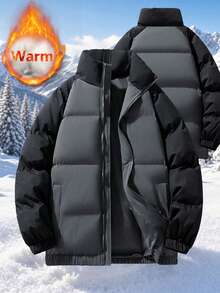 Men's Colorblock Thick Warm Jacket, Casual Loose Fit Padded Coat, Versatile For Autumn/Winter Commuting And Outdoor Wear - Black - View 2