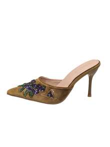Vintage Velvet Floral Sequin Decorated Pointed Toe Stiletto High Heels, Low Vamp Backless Outdoor Pumps - Khaki - View 3