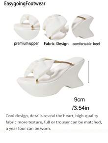 Cream White 3D Bow Open Toe Half-Slip Wedge Sandals, Summer Shoes, Unique Lightweight Heel, Gold Trim, Comfortable For Daily, Dating, Commuting - White - View 10