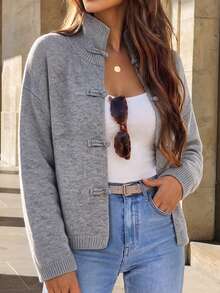 Women's Grey Stand Collar Knit Cardigan, With Button Closure, Long Sleeve Regular Fit, Suitable For Autumn/Winter Fashion - Grey - View 1