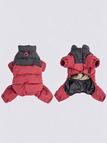 Color Block Dog Four-Legged Winter Coat, Thick Padded Pet Jumpsuit With D-Ring, Windproof Stand Collar Puppy Outfit For Outdoor Walking - Red - View 3