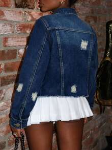 Women's Vintage Washed Denim Jacket, Lapel Long Sleeve Button Front, Punk Style Short Regular Fit, Suitable For Autumn Wear - Dark Wash - View 2