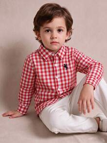 Young Boy Spring/Autumn Plaid Long Sleeve Embroidered Turn-Down Collar Casual Versatile Shirt - Red - View 1