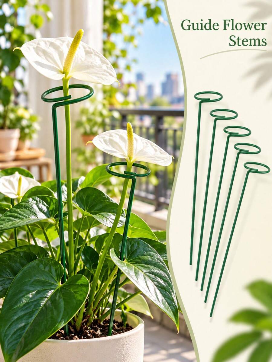 5pcs Green Plant Support Stakes, Ring Top Flower Stem Support Rods, Suitable For Potted Plants, Roses, Seedlings And Small Indoor Plants, Used For Balcony, Patio, Greenhouse And Outdoor Gardening Plant Training Support Stakes - B - View 1