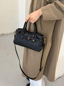 Women's Handbag, Top Handle Bag, Contrast Stitching Design, Vintage Daily Commute Crossbody Bag, Adjustable Shoulder Strap Crossbody Bag - Black - View 5