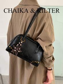 CHAIKA & KILTER 1件純色亮面PU布料單肩包，女款時尚大容量保齡球包，雙手柄設計附拉鍊開合，適合日常與街頭使用（附吊飾） - 黑色 - 查看 8