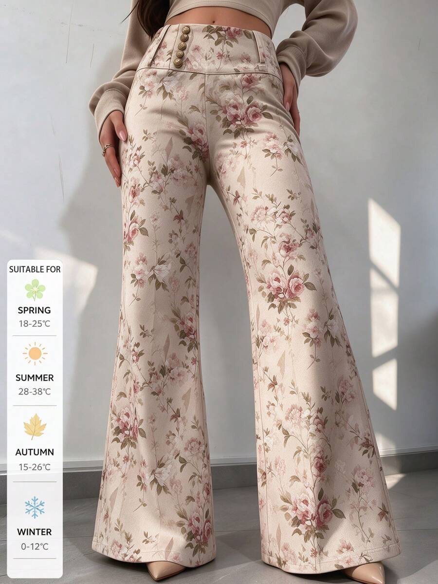 SUNSTORY Women's Autumn Vintage Floral Print High Waist Flared Long Pants, Multi-Button Decor Wide Leg Micro-Flared Pants, Elegant Retro Style, Suitable For Social, Party, Outing And Dining - Multicolor - View 1
