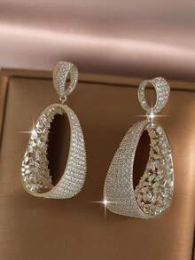 1pair Luxury Silver Tone Hollow Oval Full Paved Cubic Zirconia Dangle Earrings, Sparkling Drop Earrings For Wedding Date Daily Party Bridal Jewelry - White - View 12
