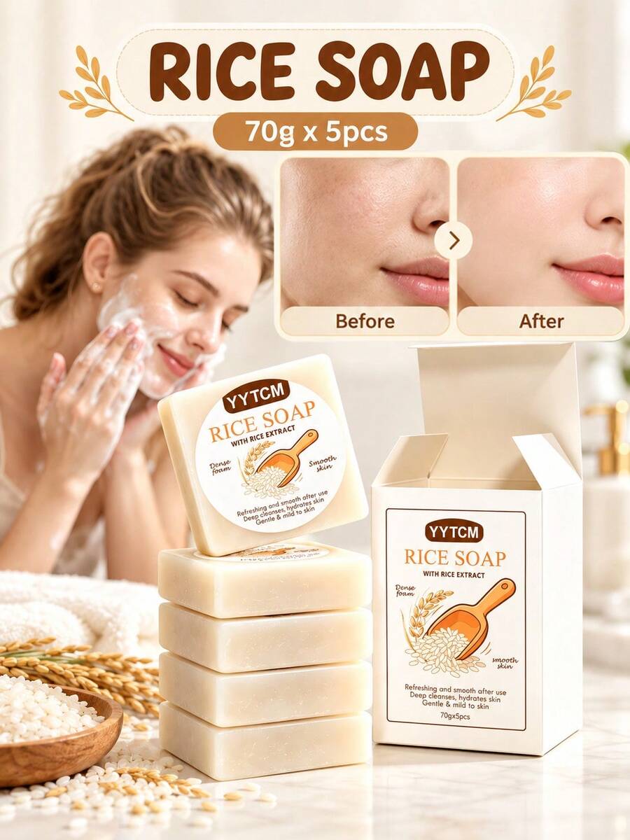 Xà phòng tinh chất gạo YYTCM 5 miếng/gói, chiết xuất gạo dưỡng ẩm dịu nhẹ làm thủ công, bọt kem làm sạch sâu, xà phòng rửa mặt và tắm dùng cho cả nam và nữ, phù hợp làm sạch mặt, tay và cơ thể hàng ngày, 70g/miếng x 5 miếng - Hương gạo - Xem 1