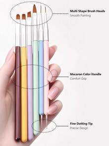 6Pcs Macaron Plastic Handle Nail Art Brush Set, Gel Polish Painting Liner Flower Drawing Brushes, DIY Manicure Tools For Beginner & Salon - Multicolor - View 2