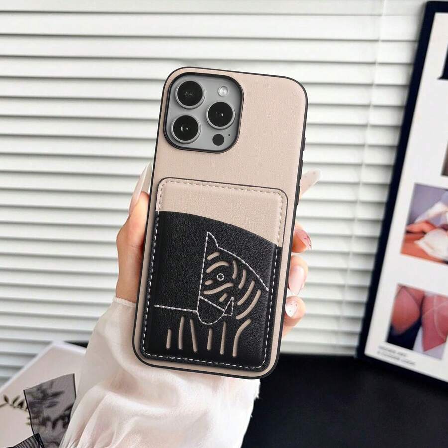 1件極簡刺繡馬圖案卡槽手機殼，適用於 Apple 17 16 16e 15 14 Plus 13 12 11 Pro Max，適用於 Galaxy S26U S25U A56