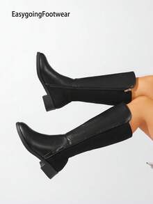 Black Patchwork Side Zipper Knight Tall Boots, Round Toe Thermal Lined Warm, Flat Sole Slimming Leg Shaping, Versatile For Multiple Occasions In Autumn/Winter - Black - View 5