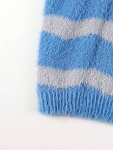 Girls' & Teens' Colorblock Striped Mock Neck Faux Mink Fur Knit Sweater, Casual Warm Top - Blue - View 9