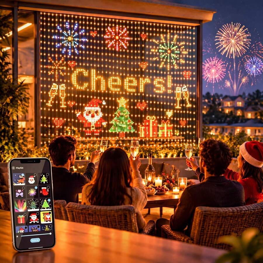 Christmas LED Pixel Curtain Lights, 400 LED APP Programmable Curtain Lights, DIY Graffiti Drawing & Text, Music Sync RGB Color Changing, 2x2m & 3x3m, Holiday Wedding New Year Wall Party Decoration - Multi-color light - View 1