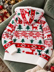 Women's Christmas Hooded Zip-Up Sweater, Faux Fur Trim, Reindeer & Tree Pattern, Long Sleeve Knit Cardigan - Red and White - View 3