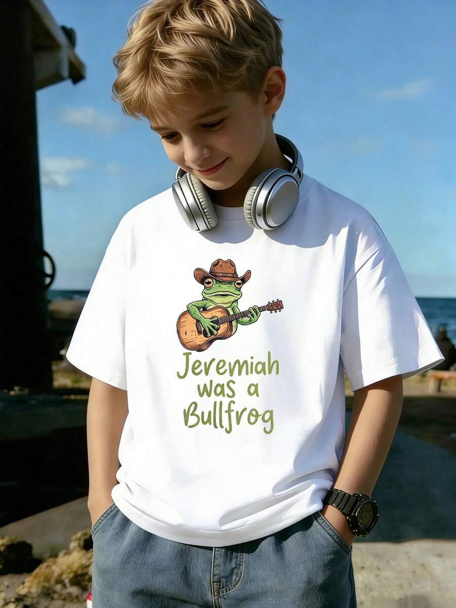 Cowboy Bullfrog Playing Guitar Cartoon Print Teen Boys Short Sleeve T ...