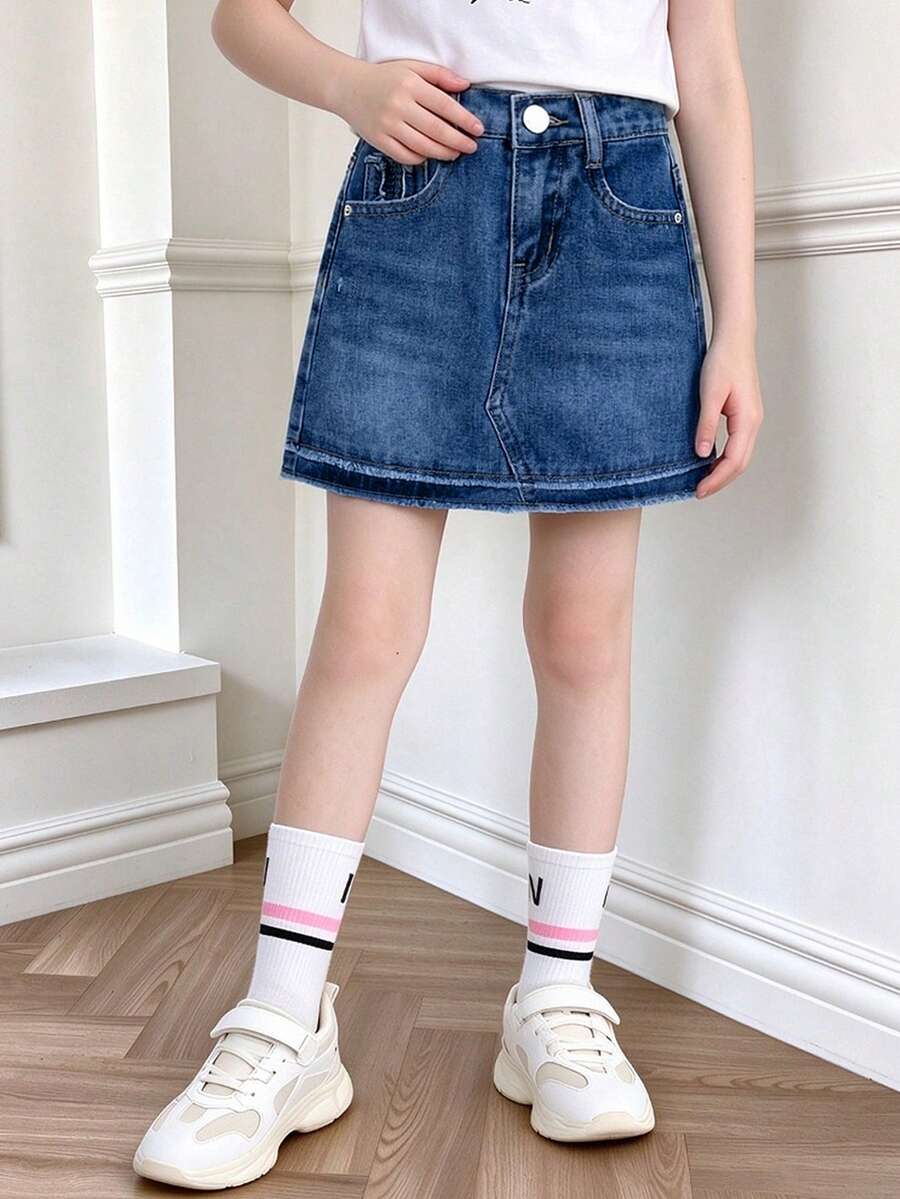 Young Girls Cute Denim Mini Skirt With Tassel Hem, Fashion Adjustable Elastic Waist, Lined