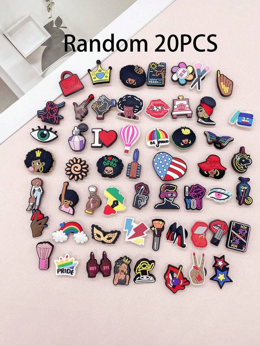 Random 20PCS Girls Cosmetic Theme Cartoon PVC Clogs Shoe Charms DIY Decorations Funny Pattern Shoe Button Accessories Detachable Shoe Buckles Decor