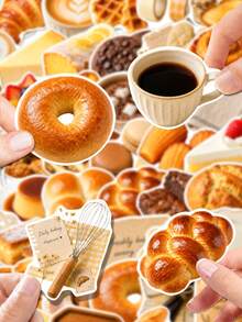 50Pcs Butter & Wheat Aroma Collection Stickers, Retro Baking Healing Style, Including Bagels, Baguettes, Braided Bread, Madeleines, Macarons, Vintage English Note Elements, For Journal Collage, Tablet, Notebook, Storage Box, DIY Craft Decoration - Multicolor - View 2