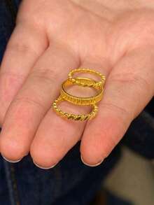 3Pcs 21K Gold Plated Ring Set, Rust-Resistant Gold Alternative Wheat Ear & Striped Pattern Stackable Finger Rings Band Jewellery Women - 01 - View 4