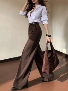 DONICY Fashionable Elegant Women's Beige Linen Blend High Waist Tie Wide Leg Pants, Loose And Comfortable, Suitable For Spring/Summer And Autumn/Winter - Coffee Brown - View 8