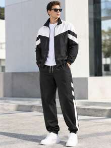 1 Set Men's Spring & Autumn Color Block Tracksuit, Stand Collar Jacket & Drawstring Jogger Pants Casual 2-Piece Outfit, Suitable For Daily Streetwear - Black and White - View 9