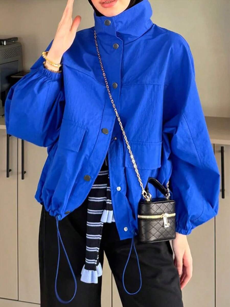 Áo khoác nữ tay dài màu xanh thời trang có cổ đứng và dây rút, phù hợp cho mùa thu/đông - Màu xanh lam - Xem 1