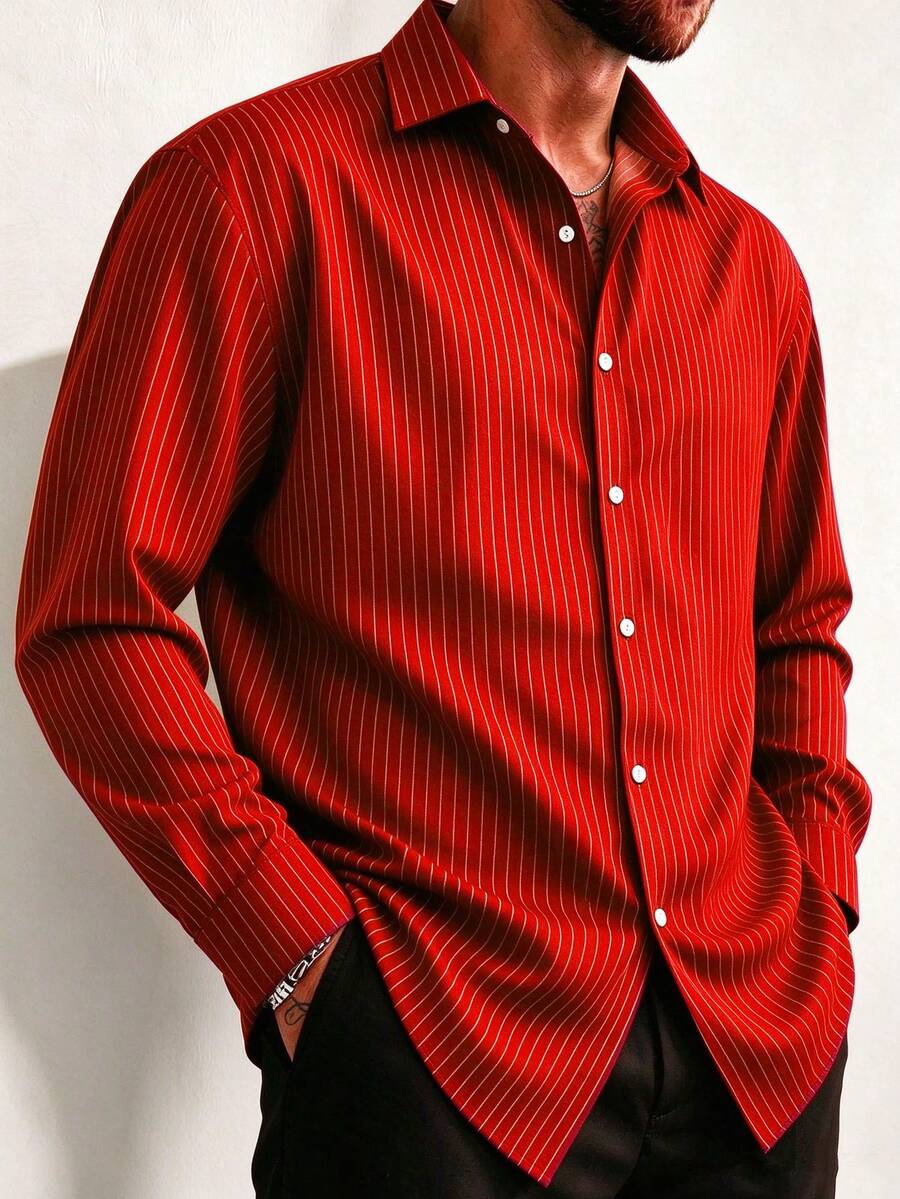 Vintage Striped Casual Commute 3D Digital Print Men's Plus Size Lightweight Button Pocket Long Sleeve Shirt - Red - View 1