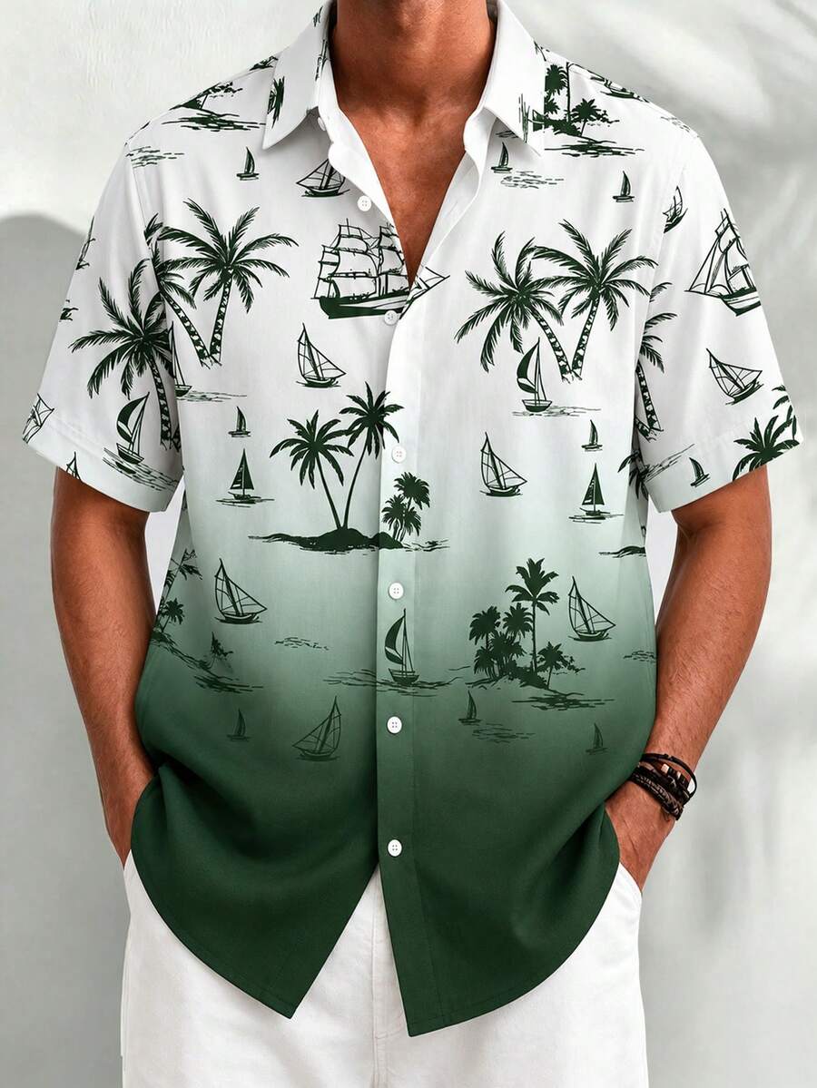 Men's Gradient Color Nautical Print Button-Down Short Sleeve Shirt Open Front Top