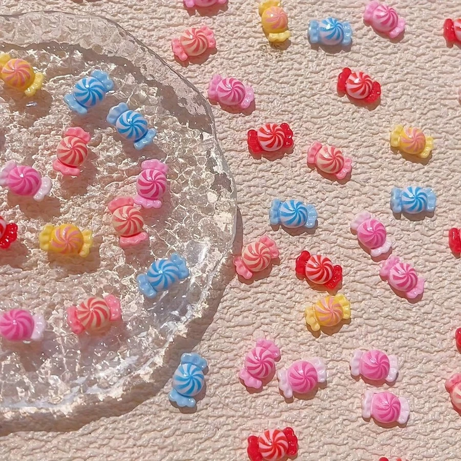20/50/100pcs Cartoon Cute Mini Candy Style Resin Flat Charms, Colorful Flower And Bow Design DIY Jewelry Accessories, Creative Handmade Decorative Parts, Random Assortment - Mini Colorful Candy Mix - View 1
