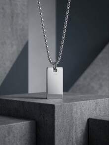 Minimalist Business Style Stainless Steel Necklace, Smooth Blank Rectangular Pendant, Men's Daily Wear Birthday Gift Jewelry - Silver - View 3