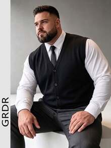 GRDR Men's Plus Size Knitted Cardigan Vest, Autumn/Winter Essential, Casual Daily Wear - Black - View 7