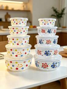 Bộ 5 bát men đa năng có nắp, bát chuẩn bị rau củ, trái cây, salad, yến mạch, phù hợp cho bếp gia đình, cắm trại ngoài trời, có thể dùng làm bát bảo quản tươi trong tủ lạnh, bát lưu trữ xếp chồng được có nắp - Xem 2