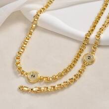 2pcs/Set Vintage 750 Italian 14K Gold Plated Copper Zirconia Textured Round/Square Pendant Necklace & Bracelet Jewelry Set, Unisex, Suitable For Daily Wear And Party - Gold 2 - View 5