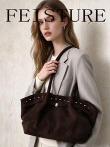 FEISTURE 1pc Rivet Inlaid Women's Large Capacity Shoulder Bag, Fashionable Suede Material Tote Bag, Suitable For Girls, Women, College Students, New Professionals And White-Collar Workers, Perfect For Work, Business, Commuting, School - Coffee - View 3