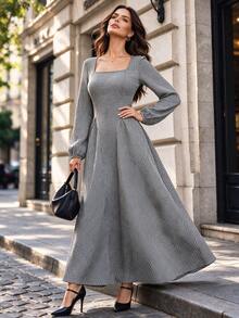 Women Fall Winter Gingham Square Neck Long Sleeve Maxi Dress Back Tie Flowy A Line Long Dress - Black and White - View 1