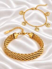 2pcs Gold Bracelet Set With Tree Charms, Multi Row Curb Chain & Beaded Charm Bracelet, 18K Gold Plated Stainless Steel, Layered Gift For Women - Multicolor - View 7
