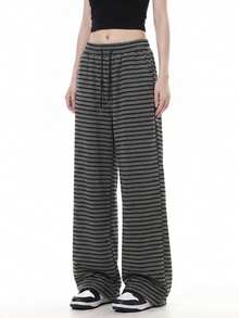 JUTU Women's Autumn Striped Wide Leg Knit Sweatpants With Elastic Waist And Drawstring, Casual Slouchy For Daily Commute And Travel - Dark Floral Grey Stripes - View 3