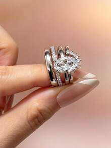 Silver Plated Multi Band Statement Ring For Women, Oval Cut Large Cubic Zirconia Center Stone Wrap Ring, Sparkly CZ Stackable Ring For Party - Silver - View 3