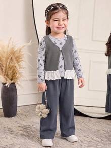 Vihyde Girls 3-Piece Set, Casual Floral Long Sleeve Top, Knitted Sweater Vest And Wide Leg Pants, Suitable For Autumn/Winter - Grey - View 2